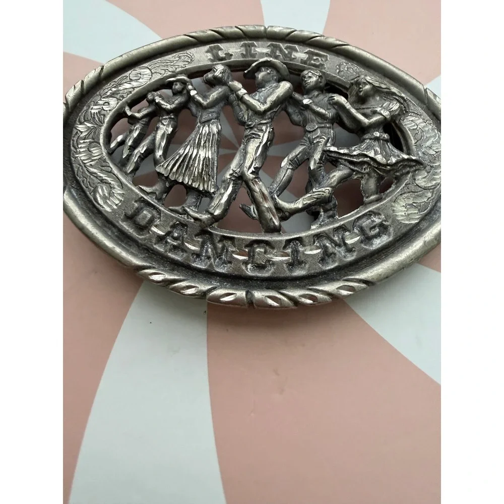 Vintage Line Dancing Belt Buckle Pewter Tone Western Country Cowboy Oval Relief